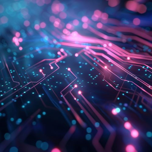 A computer chip with blue and pink lines. The lines are very close together and the colors are bright